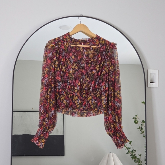 NWOT Free People Twyla Smocked Floral Mesh Top, Size Petite Small - Picture 4 of 14